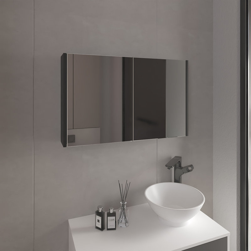 Armoire à pharmacie à double porte et miroir, trois tablettes intérieures, Noir, H 20 po x l 32 po x P 6 po