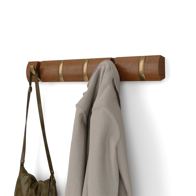 Flip 5-Hook Wall-Mounted Coat Rack, Solid Wood with Flip-Down Hooks for Entryway, Bedroom, Office, Light Walnut/Warm Gold