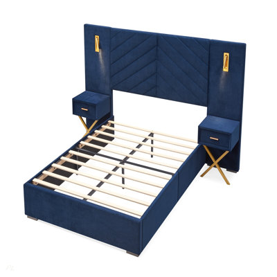 Velvet Bed Frame/Vertical Channel Tufted Wingback Headboard/Upholstered Platform Bed/Strong Wooden Slats/No Box Spring Needed