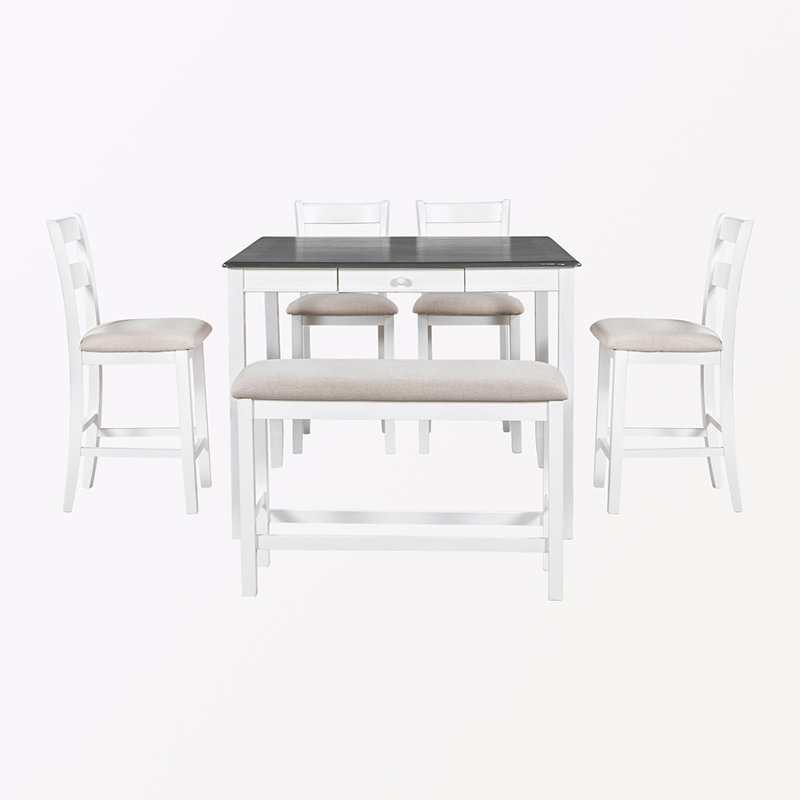 Ensemble repas pour 6 personnes à hauteur de comptoir, Gris, Blanc, Beige