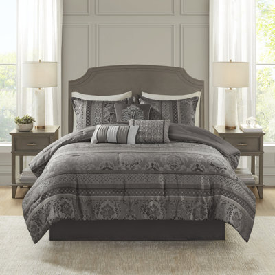 Bellagio Grey Traditional Jacquard 7-Piece Queen Comforter Set