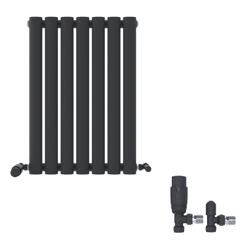 iBathUK Princia Horizontal Single Oval Panel Radiator Angled Valve, Grey, 600cm H x 420cm W x 55cm D