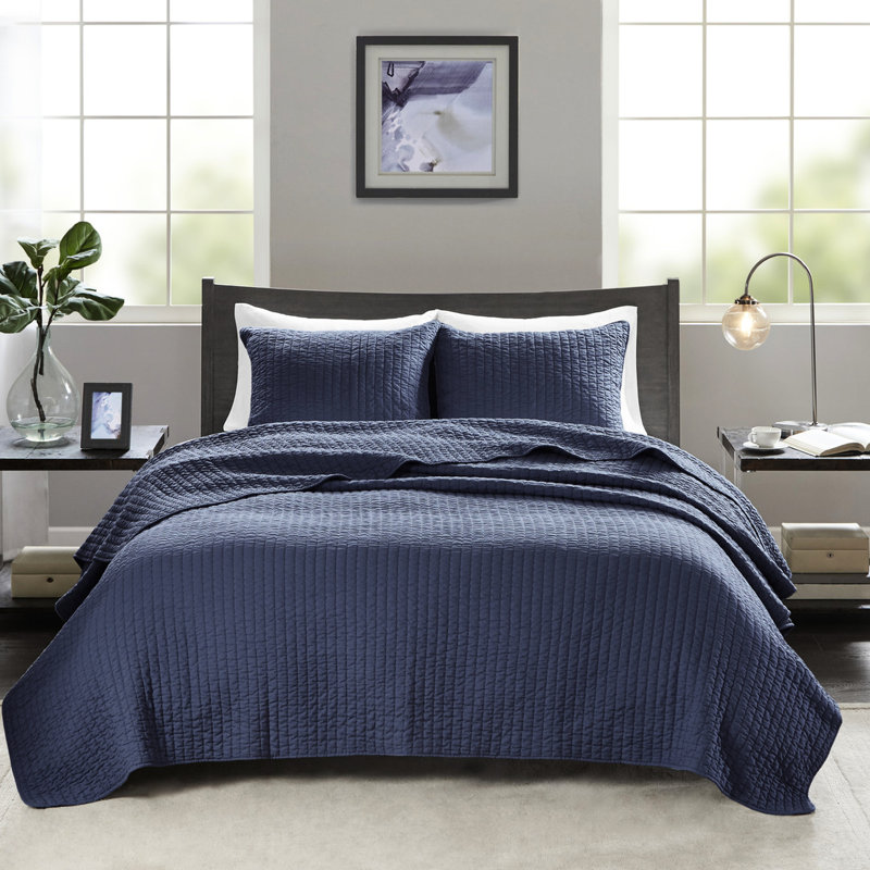 Courtepointe 3 pièces très grand / très grand bleu marine - réversible avec rembourrage en microfibre et coton