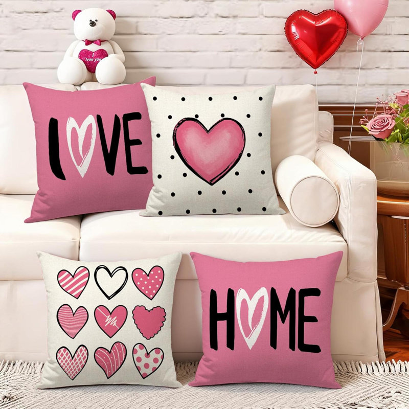 Ensemble de 4 housses de coussins décoratifs pour la Saint-Valentin, Rose/beige