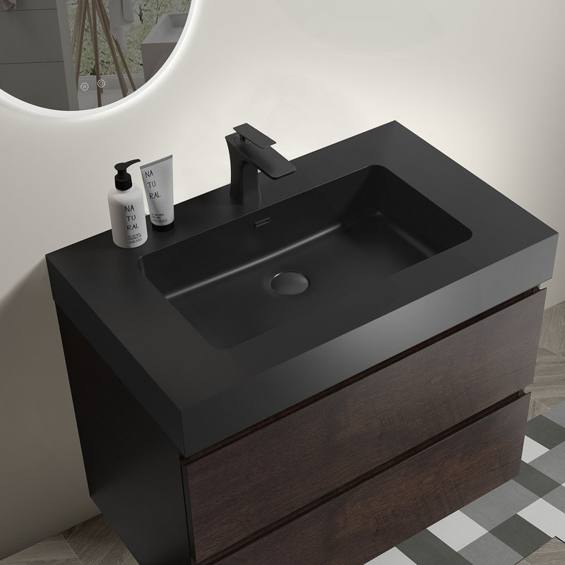 Meuble-lavabo mural flottant avec lavabo et rangement, 30", Noyer
