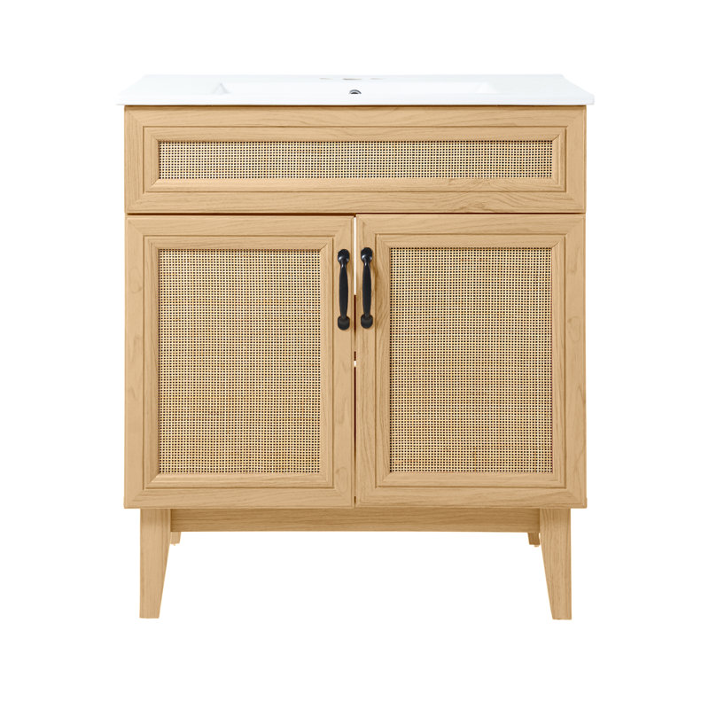 Javer 30 in. W x 18 in. D x 33 in. H Bohemian Rattan Freestanding 2-Shelf Bath Vanity Cabinet Base Only (Sink Basin not Included), Oak