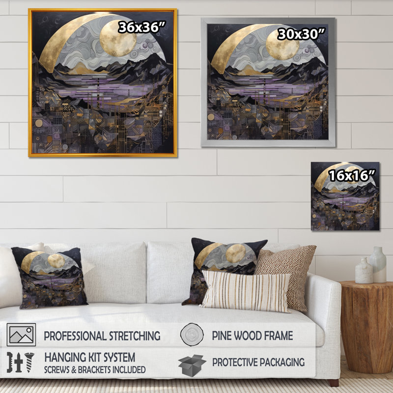 Golden Rising Moon III " Golden Rising Moon III ", Black Picture Framed, 16" H x 16" W x 1" D