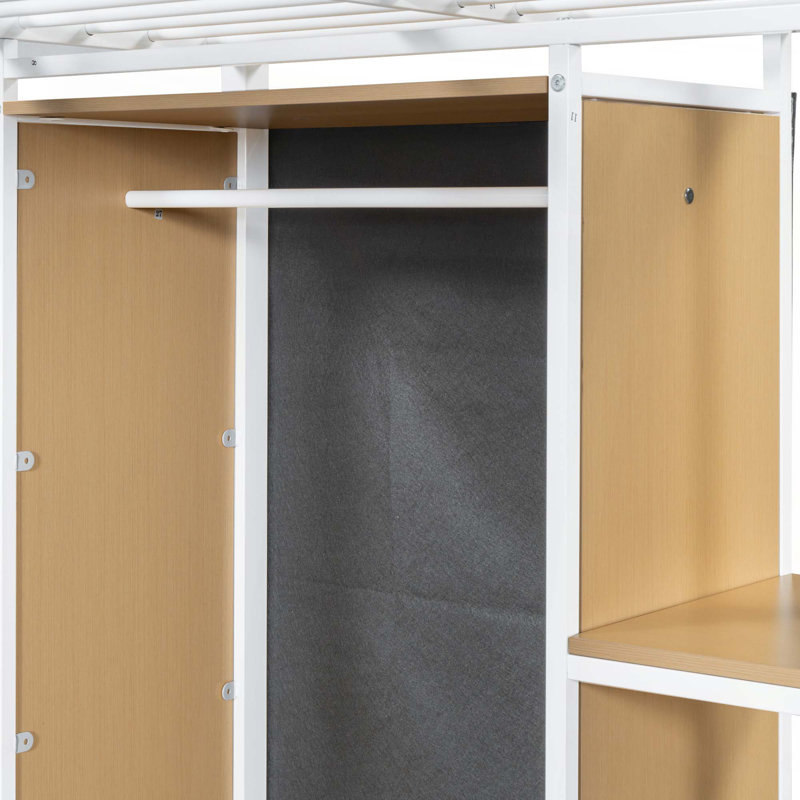 Lit mezzanine simple en métal avec garde-robe intégrée, bureau et tablettes, Blanc