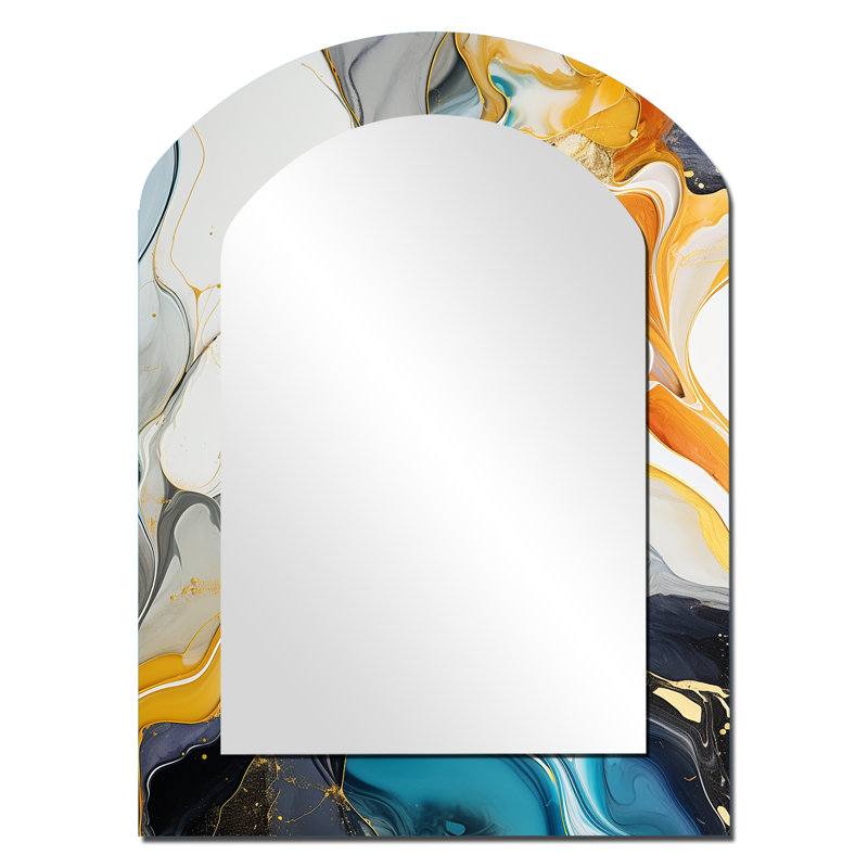 Blue and yellow Liquid Ink Abstraction harmony I - Liquid Ink Unique Shape Unique Mirror, Blue Freeform Large Wall Mirror, Printed Metal Art