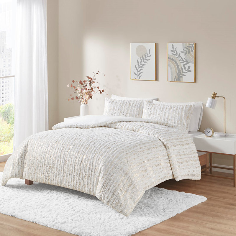 Literie Mariany, Housse de couette double / grand + 2 taies décora, Blanc / doré
