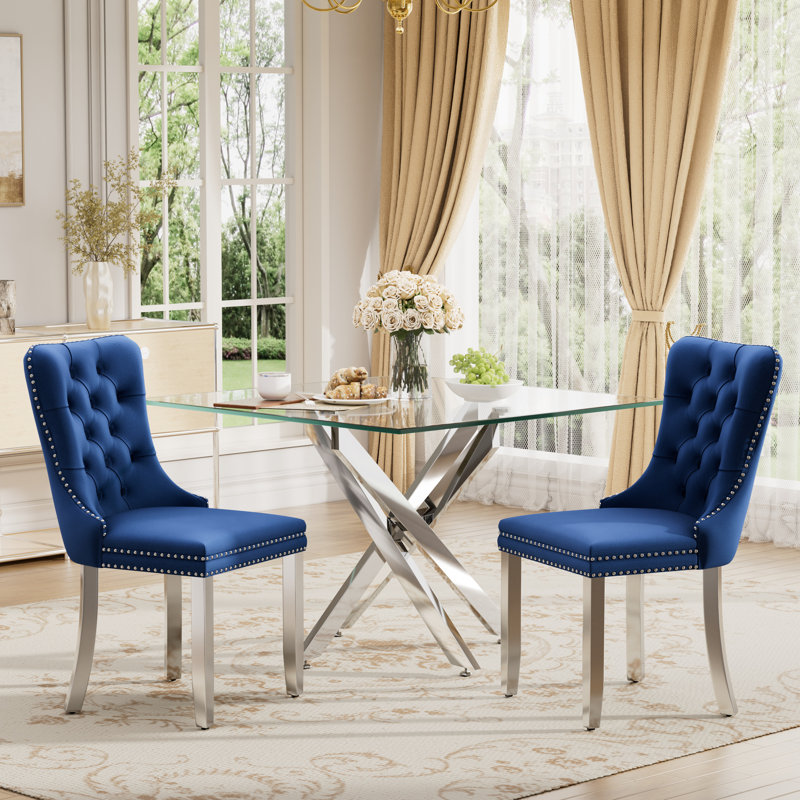 Square Pedestal Dining Set with Tufted Dining Chair, Blue, 3 Pieces: Table, 2 Chairs, Silver
