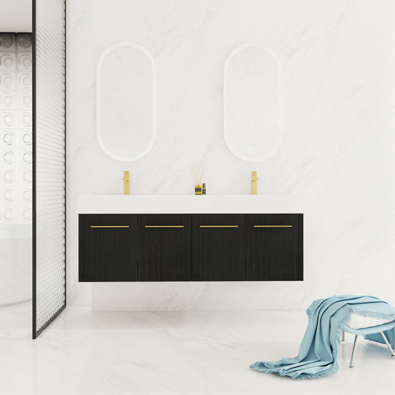 60 Inch Wall-Mounted Bathroom Vanity With Sink, Thick Edged Double Resin Sink