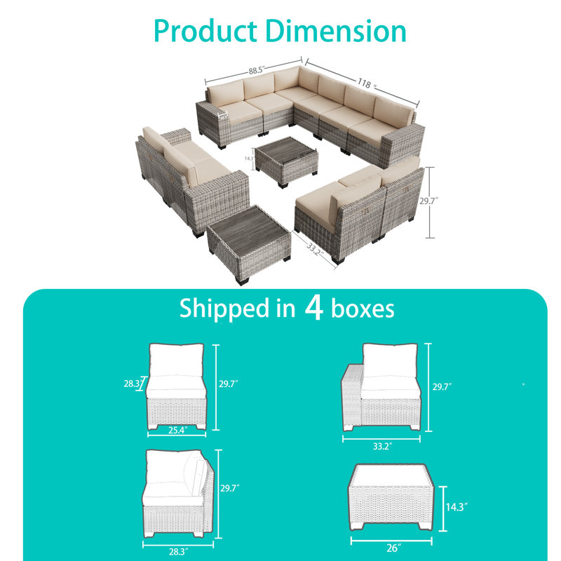 Ensemble de canapé modulaire d'extérieur en osier de 12 pièces avec ensemble de conversation avec coussins épaissis et table basse pour jardin, cour, piscine
