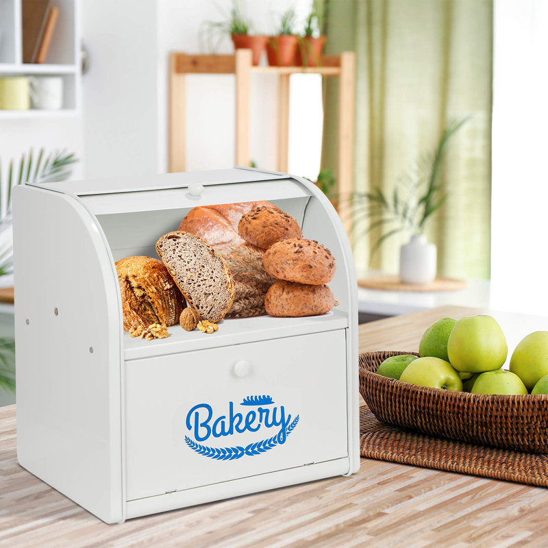 Boîte à pain, boîte à pain en métal, boîtes à pain à 2 couches, rangement pour pain en acier inoxydable, corbeille à pain de cuisine, porte hermétique (blanc)