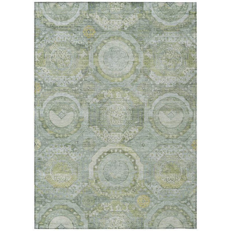 Tapis intérieur lavable 8 pi x 10 pi médaillon sauge et doré