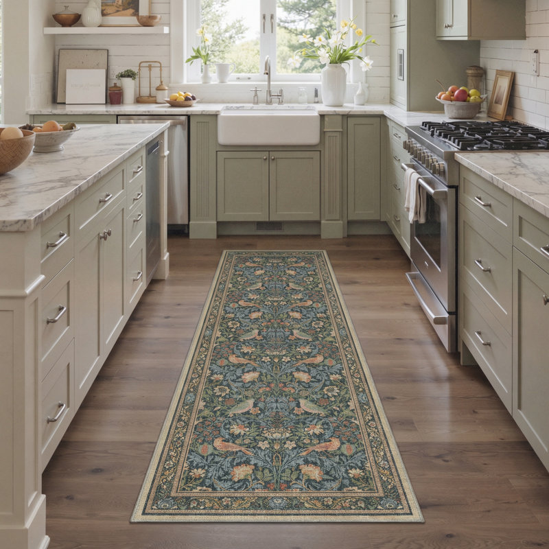 Allendale Birds Machine Washable Green / Blue Area Rug with Non-Slip Backing, Runner 2' x 6'