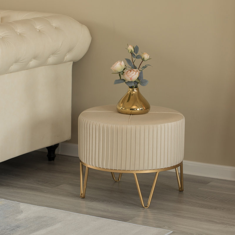 Tabouret rond en velours avec repose-pieds et base dorée, noir, moyen, Tissus crème Revolution Performance