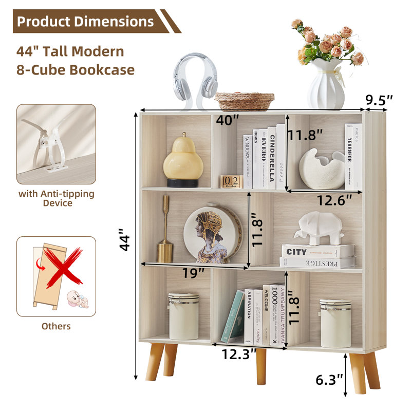 8 Cube Book Shelf,3 Tier Bookshelf With Legs, Modern Open Storage Organizer,Boho Bookcase,Display Cabinet Shelf Free Standing Bookshelves For Bedroom,Living Room,Office