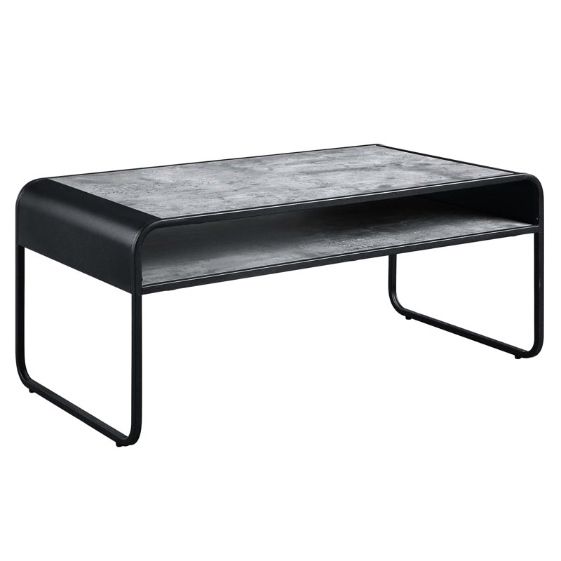 Table basse moderne de style industriel avec structure ouverte en métal noir avec tablette ouverte et rebords courbés