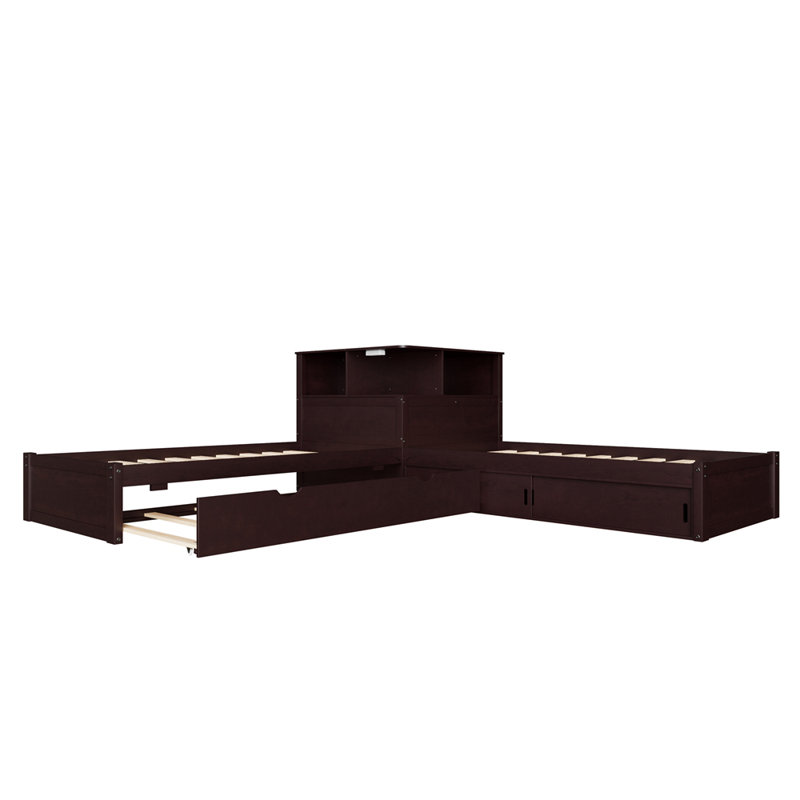 Lit plateforme simple en L avec armoires de rangement, Espresso