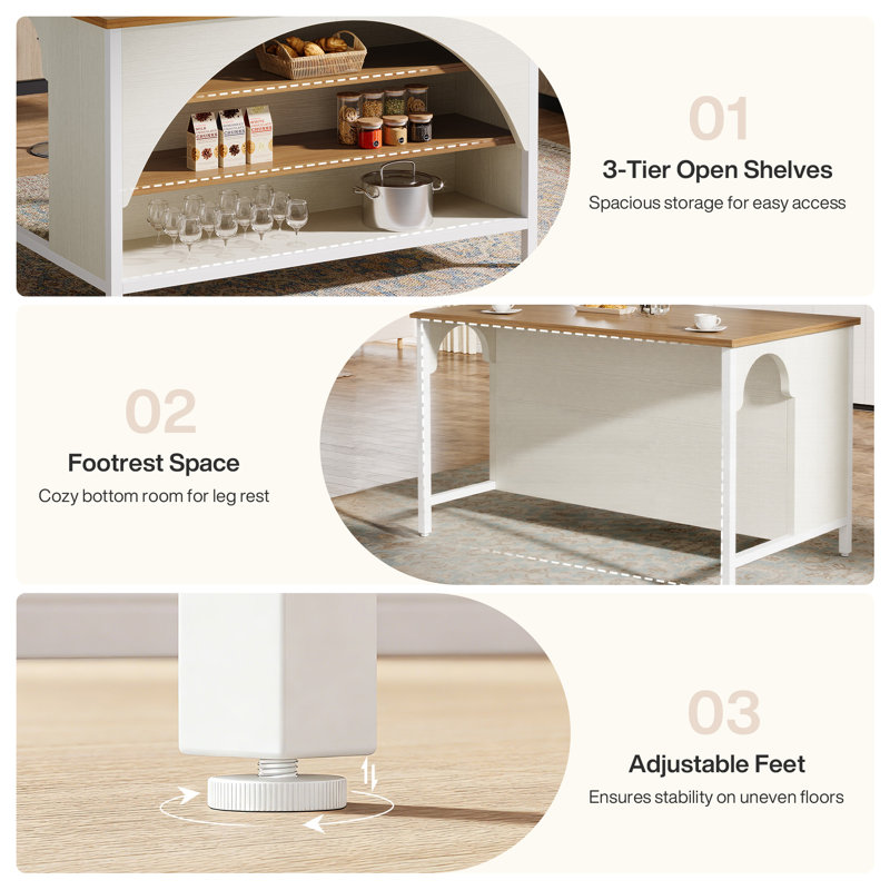 Kitchen Island With 3 Storage Shelves, 55 Inch Farmhouse Kitchen Shelf Bar Table With Large Worktop, White