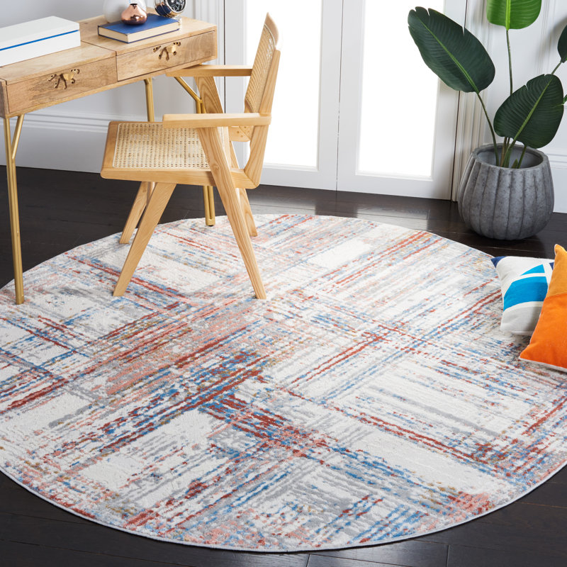 Tapis géométrique ivoire / rouille / bleu, Rond 6 pi 7 po