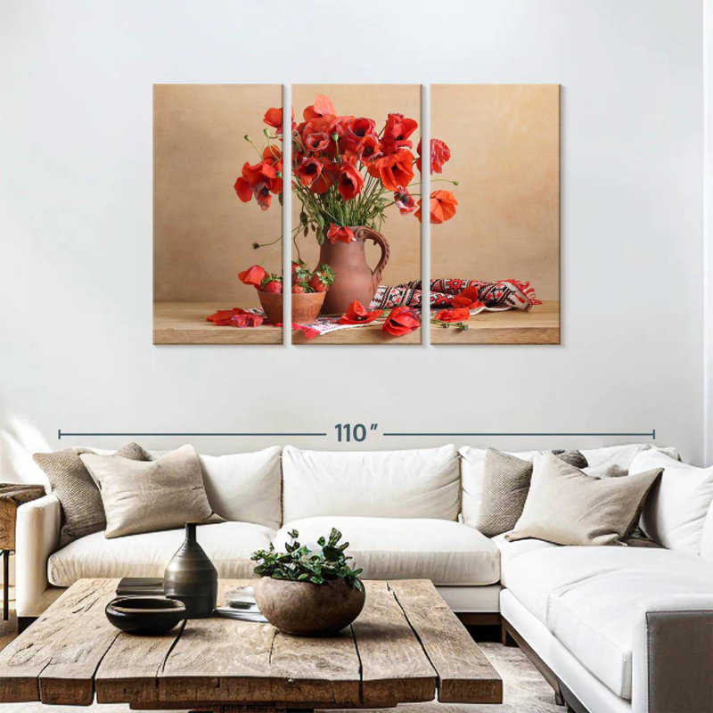 Harnek, coquelicots rouges et fraises, H 48 po x l 74 po