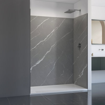 Mistelle 60 In. W X 36 In. D X 86 In. H Grey Marble Stone-Effect Shower Wall Panel Surround, Set Of 3, Cuttable