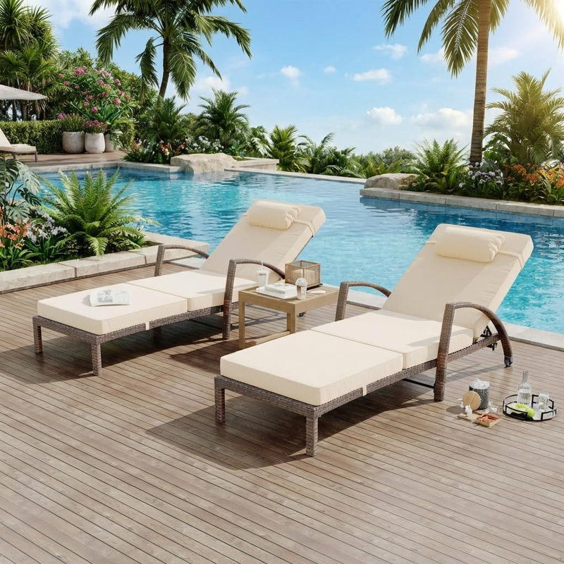 Outdoor Wicker Chaise Lounge Chair with Cushion, Metal Frame Patio Reclining Lounge Bed, Beige