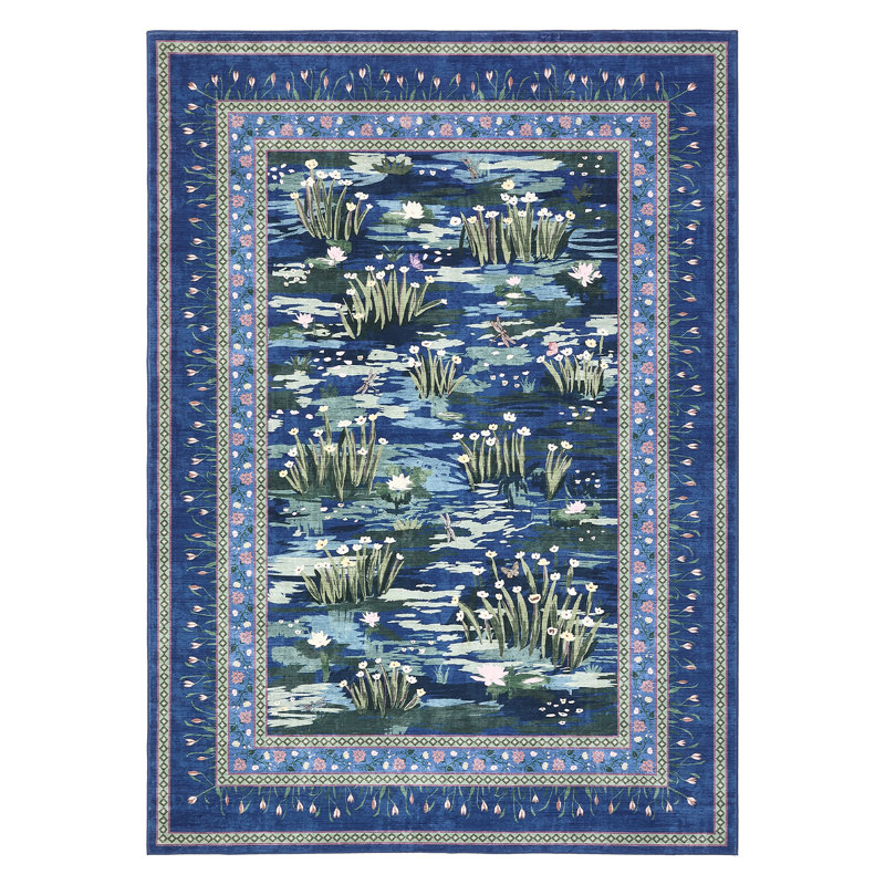 Washable Rug for Living Room, Soft Non Slip Floral Bedroom Rugs, Water Lily Pond Cute Nursery Rug, Large Low Pile Stain Resistant Farmhouse Rugs