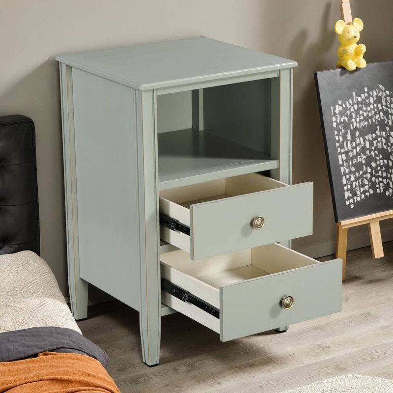 Winston 2-Drawer Nightstand with Open Shelf, Brushed Gold Knobs, Fluted Tapered Legs, No Assembly Required, Gray