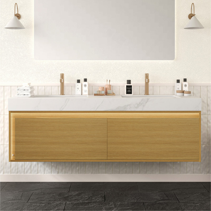 Meuble-lavabo de salle de bain, meuble de rangement flottant en contreplaqué à grille mince, tiroir avec capteur de lumière, plateau blanc Carrara et lavabo encastré en céramique