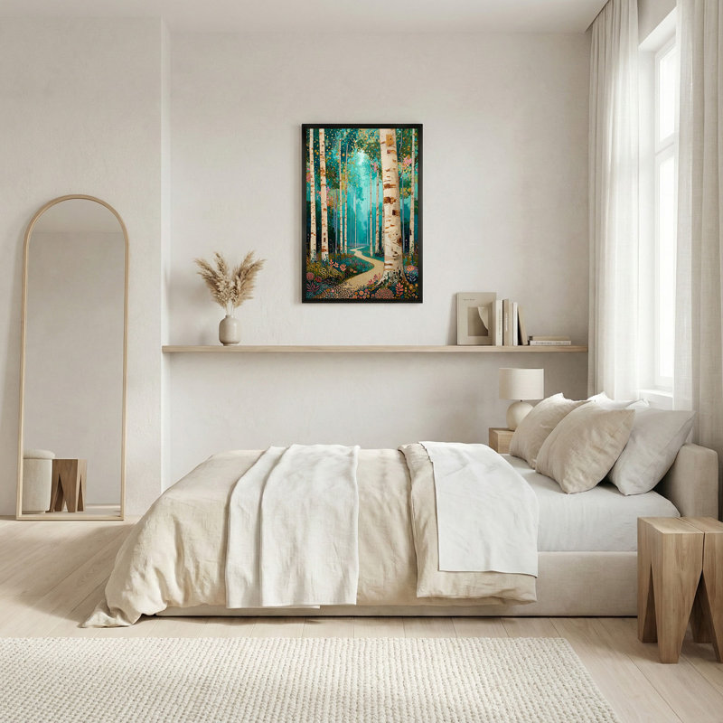 Tableau sur toile représentant des bouleaux le long d'un sentier sinueux dans une forêt turquoise, H 30 po x l 20 po