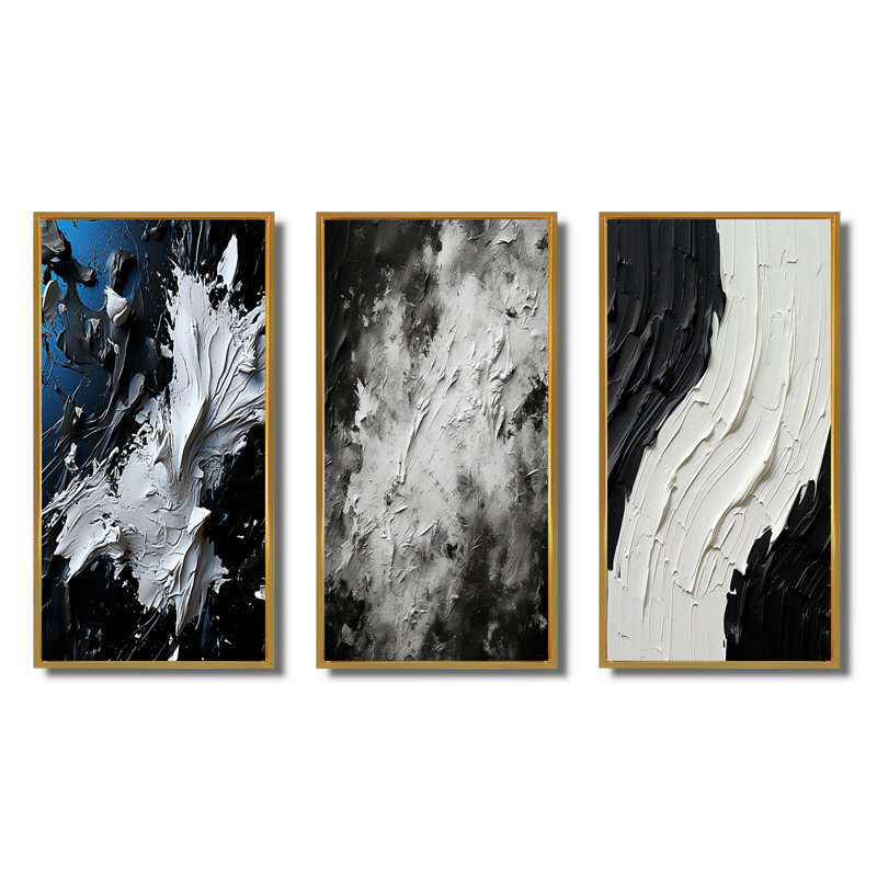 «Momentary Spirit» noir et blanc abstrait II - ensemble de 3 peintures abstraites, Cadre flottant doré, H 40 po x l 60 po