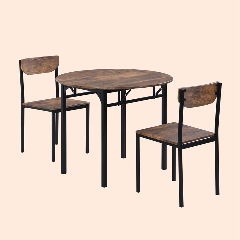 Fonso 34.8'' W Dining Set,Table and Chairs,Round Table Top with Leaf,dining table set,dining room set, Dark Brown, Black