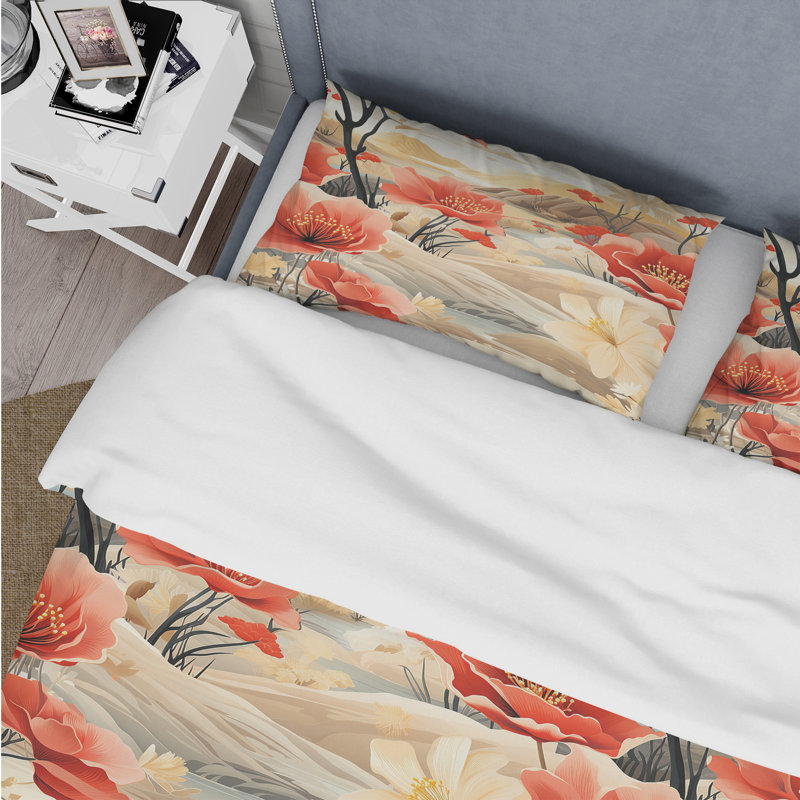 Ensemble de housse de couette floral en polyester microfibre Sandy Beige, Housse de couette simple + 1 taie décorative stan