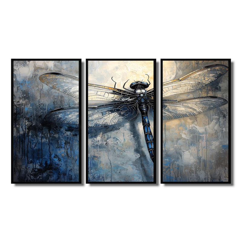 «Bluelflyfly», impression d'art de libellule bleue, H 28 po x l 36 po x P 1 po, Toile avec cadre flottant noir