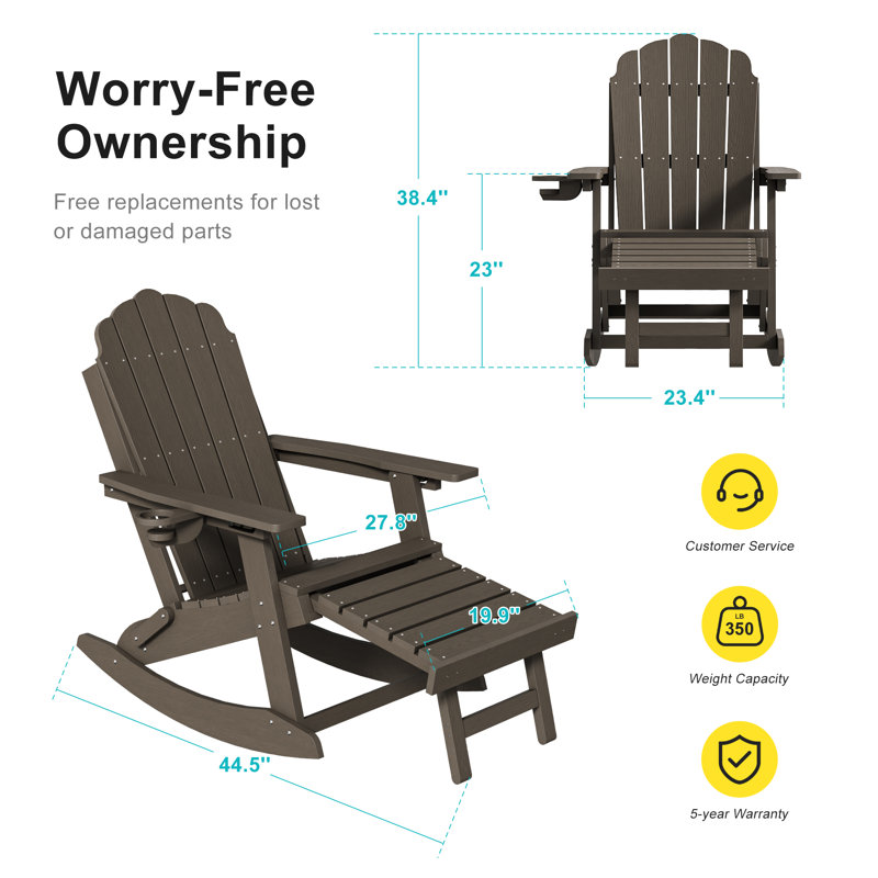 All-Weather HDPE Folding Adirondack Rocking Chair with Retractable Ottoman, 3-Position Adjustable Outdoor Rocking Chair for Patio, Gargen, Deck
