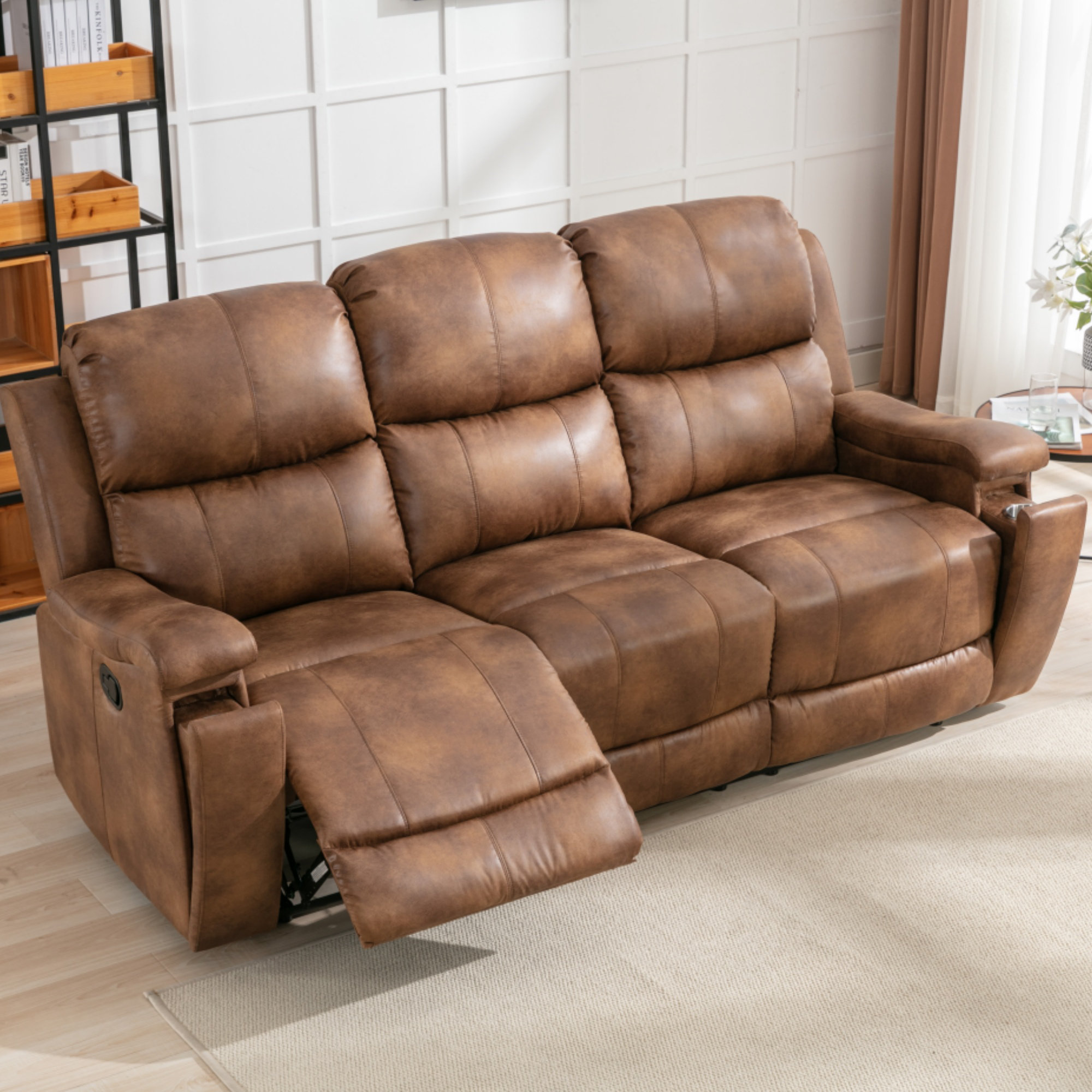 Ilkeston 79 Wide Manual Recliner Sofa Luxurious Cognac Leather with  Integrated Cup Holders Family Comfort