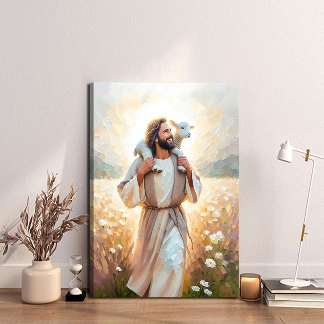Jesus Carrying The Lamb Canvas Wall Art Jesus leaves the 99 sheep Wall Decor Picture Christ the Good Shepherd Printed Painting for Living room bedroom