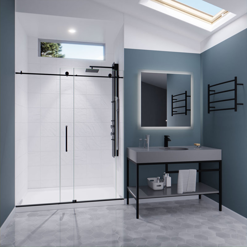Leon 56"-60" W x 76" H Single Sliding Frameless Shower Door with Tsunami Guard, Matte Black