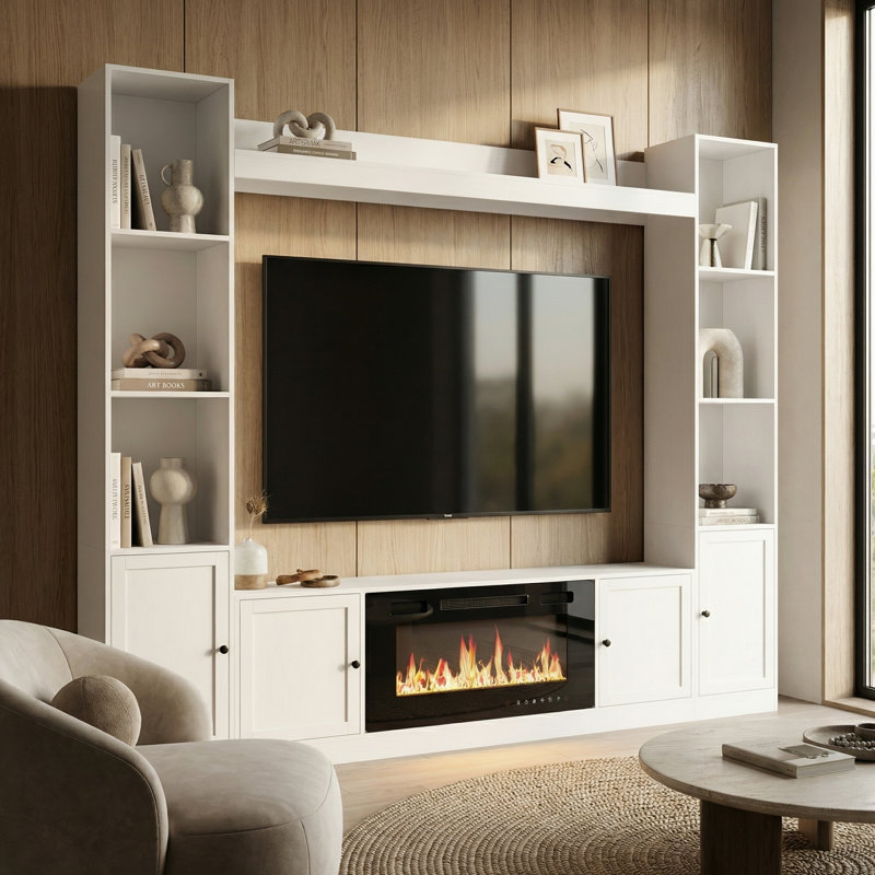 Modern Entertainment Center With Bookshelves, Cabinet Storage, Cable Management & Top Display Shelf, White