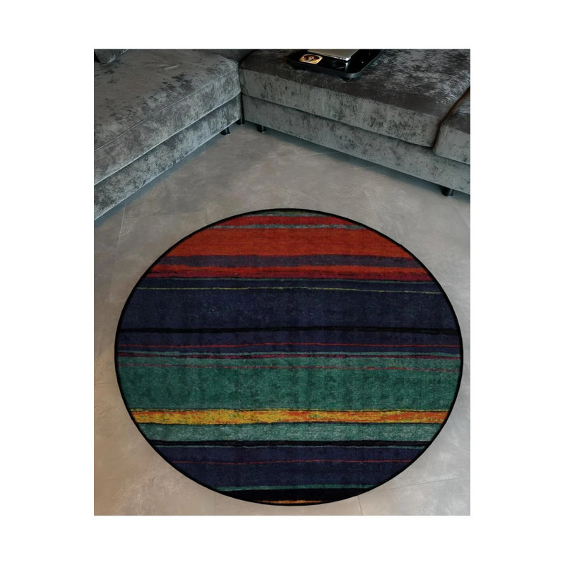 Multicolored Striped Patterned Round Woven Base Modern Decorative Carpet, Round 5'