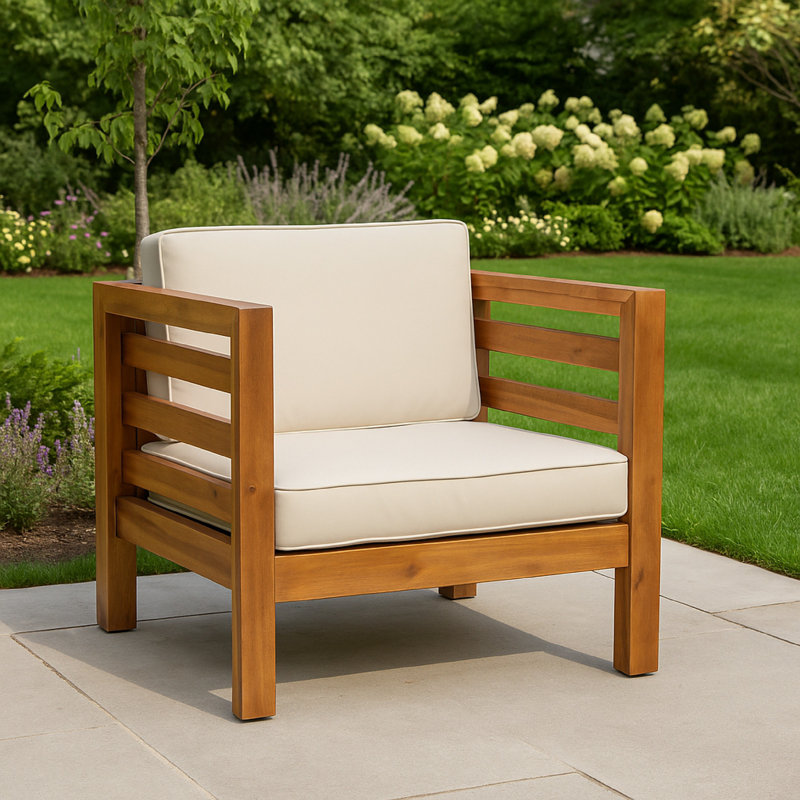 Chaise d'appoint d'extérieur Carie, beige, coussins moelleux, bois d'acacia brun