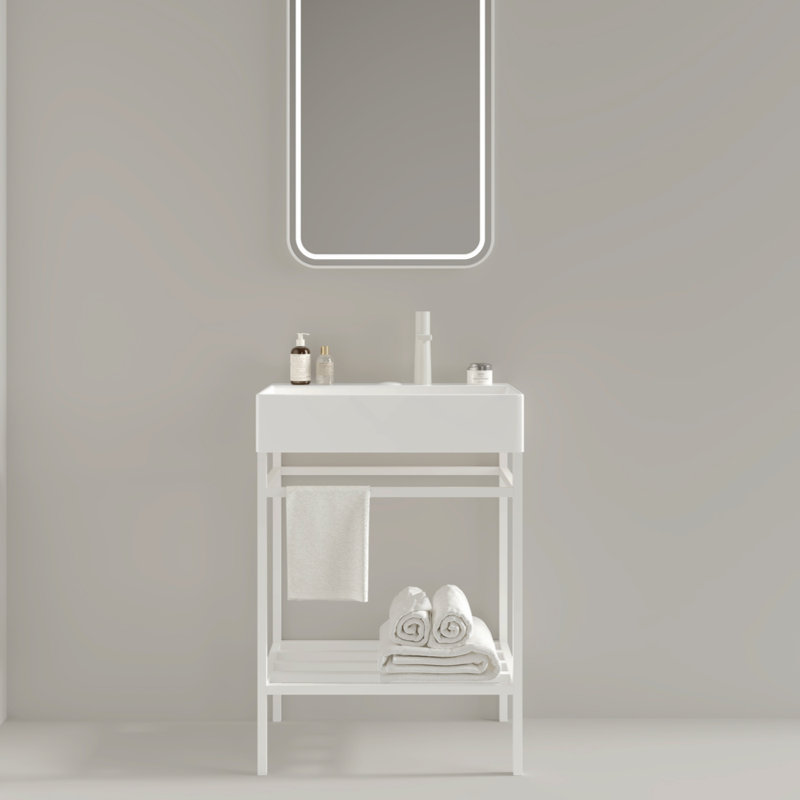 Meuble-lavabo de salle de bain avec lavabo en céramique, ensemble de lavabo console autoportant, lavabo rectangulaire en céramique brillant sans robinet, pieds en métal ouverts, tablettes de rangement,