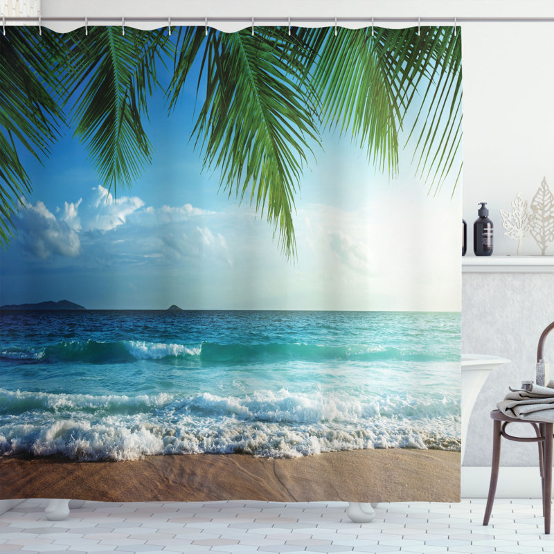 Tropical Island Beach Scene Fabric Shower Curtain with Hooks