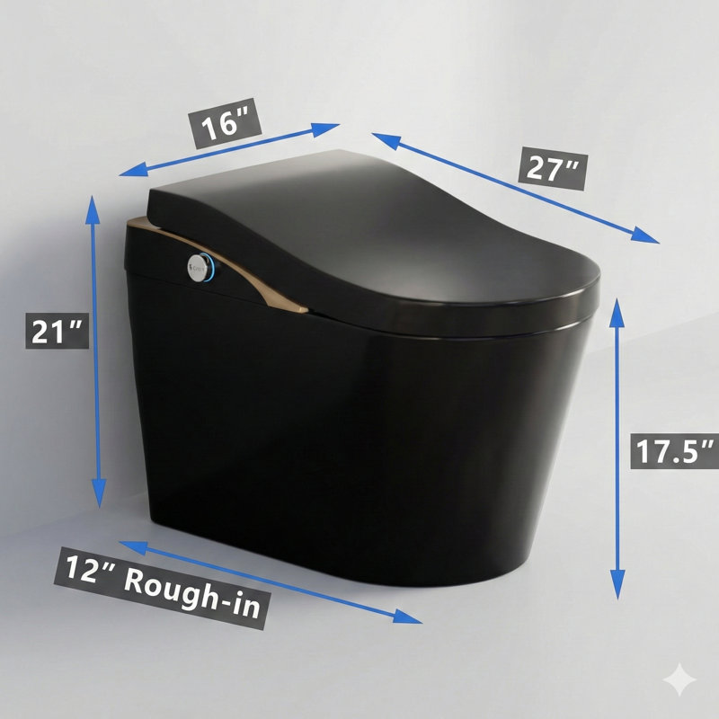 Modern tankless smart toilet with integrated bidet, featuring automatic flushing, automated lid opening/closing, heated seat, warm water washing and drying, and a foam shield function, in matte black and white.
