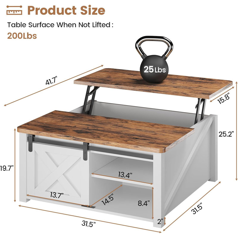 Veronike Coffee Table Lift Top Coffee Table, White/Rustic Brown, 19.7" H x 33.5" L x 33.5" W