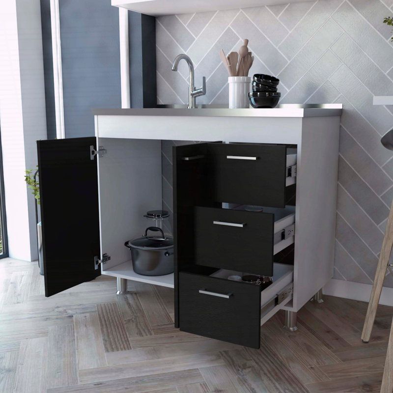 Armoire avec trois tiroirs, double porte et quatre pieds Ferretti, Blanc/Noir