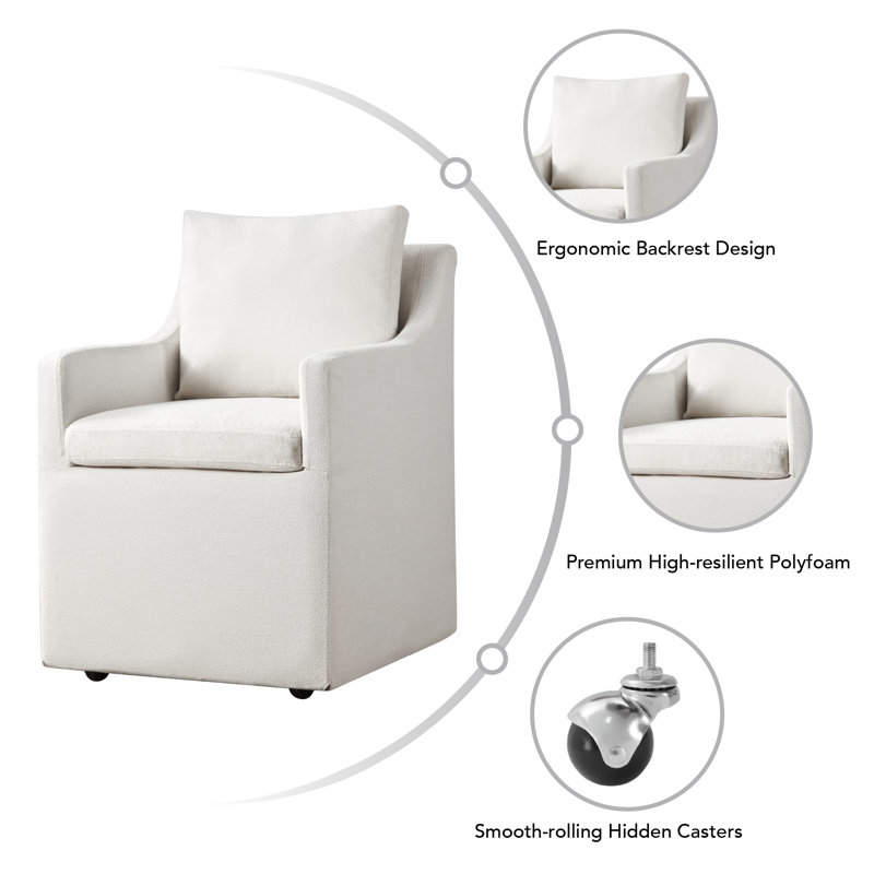 Hidar Upholstered Dining Armchair with Casters, Ivory
